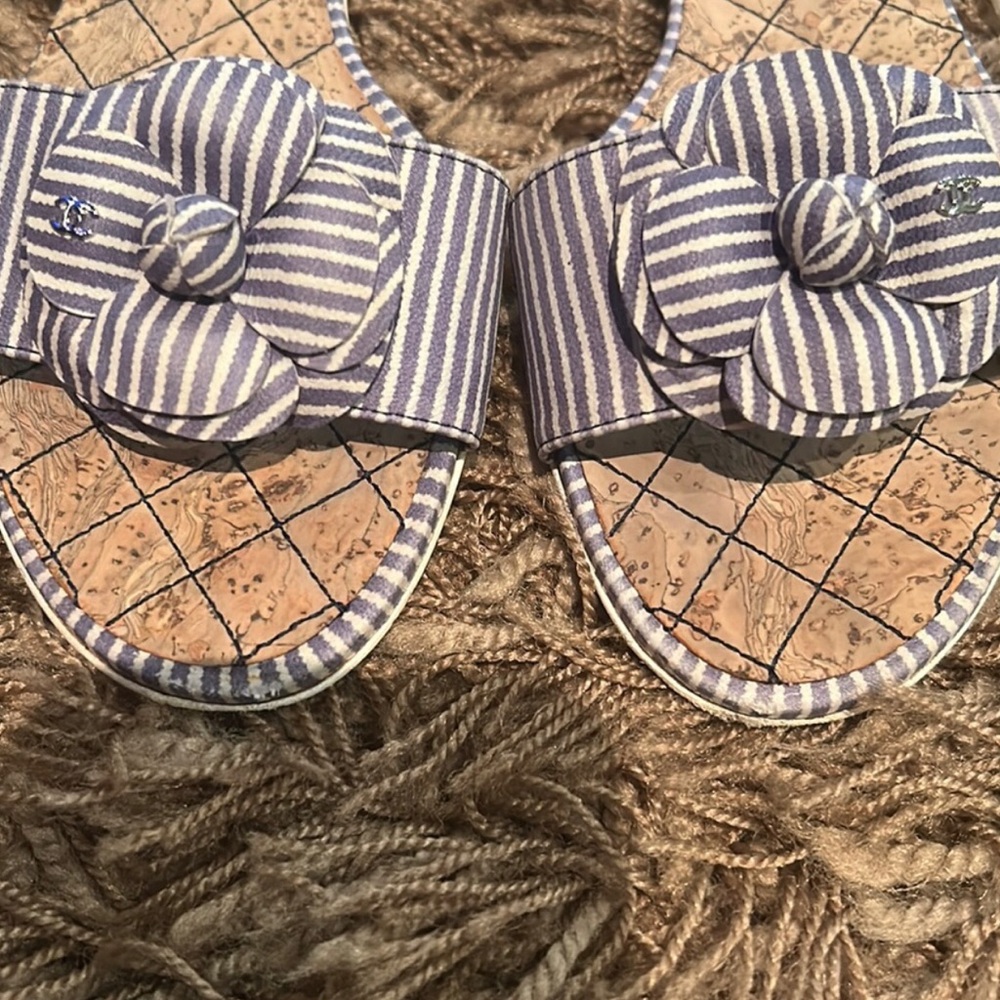 CHANEL Striped Sandals in Blue and Tan - Picture 2 of 5